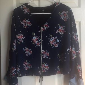 Girls Navy Floral zip front shirt